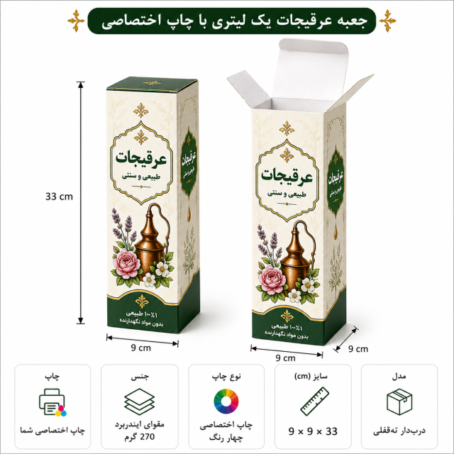 جعبه بطری یک لیتری ۹×۹×۳۳ با چاپ اختصاصی؛ دردار ته‌قفلی