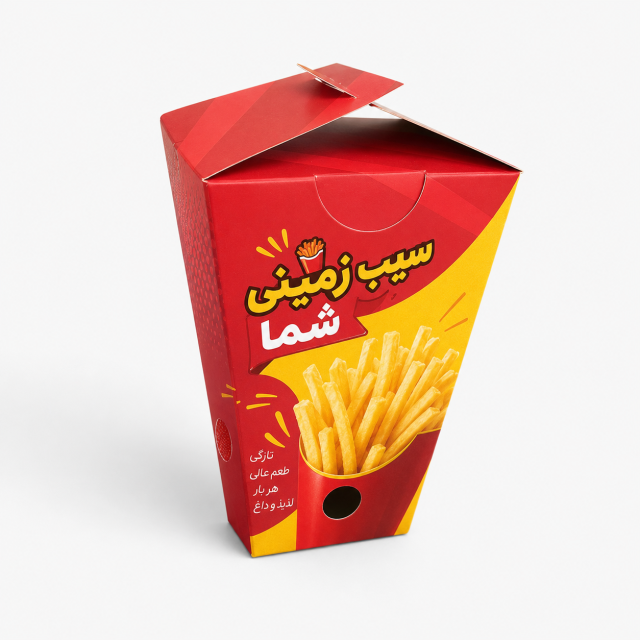 جعبه سیب‌زمینی مخروطی، افقی و عمودی با چاپ و ابعاد اختصاصی