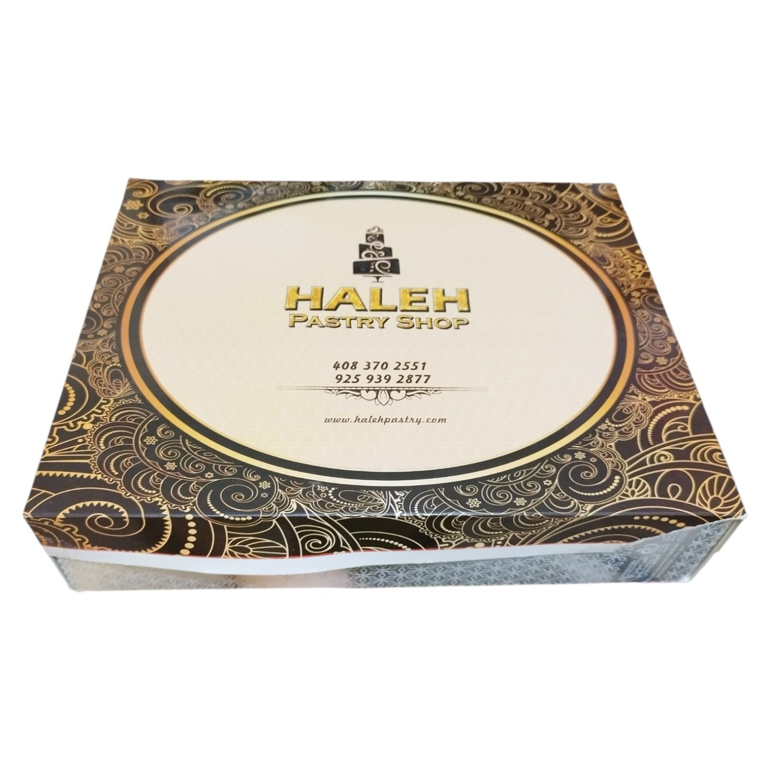 جعبه شیرینی صادراتی Haleh Pastry برای کالیفرنیا با چاپ افست، امباس و یووی موضعی
