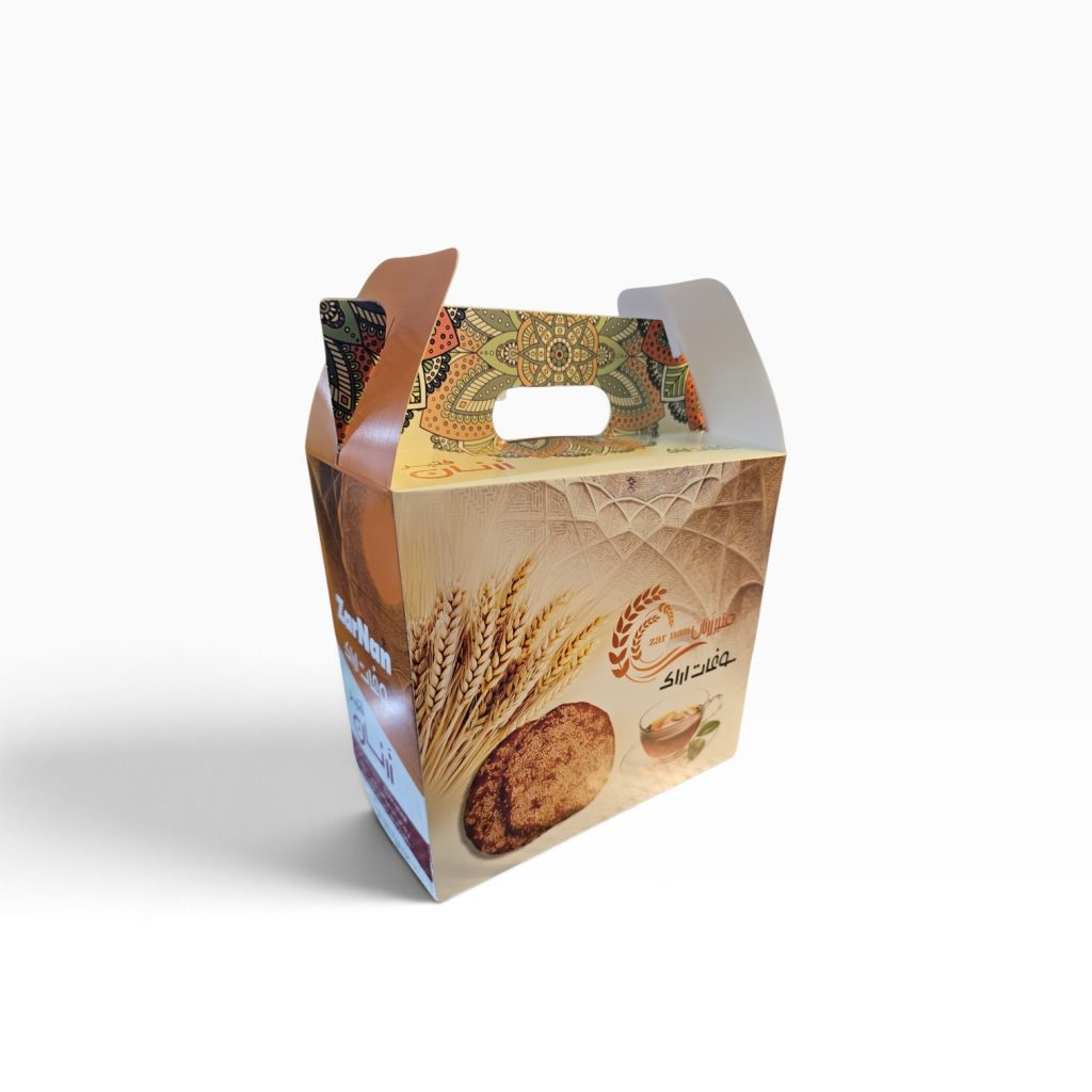 جعبه خوراکی دسته‌دار با چاپ خوشه گندم و دسته طرح‌دار، نمای سه‌ربع