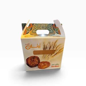 نمای جعبه خوراکی دسته‌دار با طرح خوشه گندم، دسته رنگی و پنجره باریک افقی